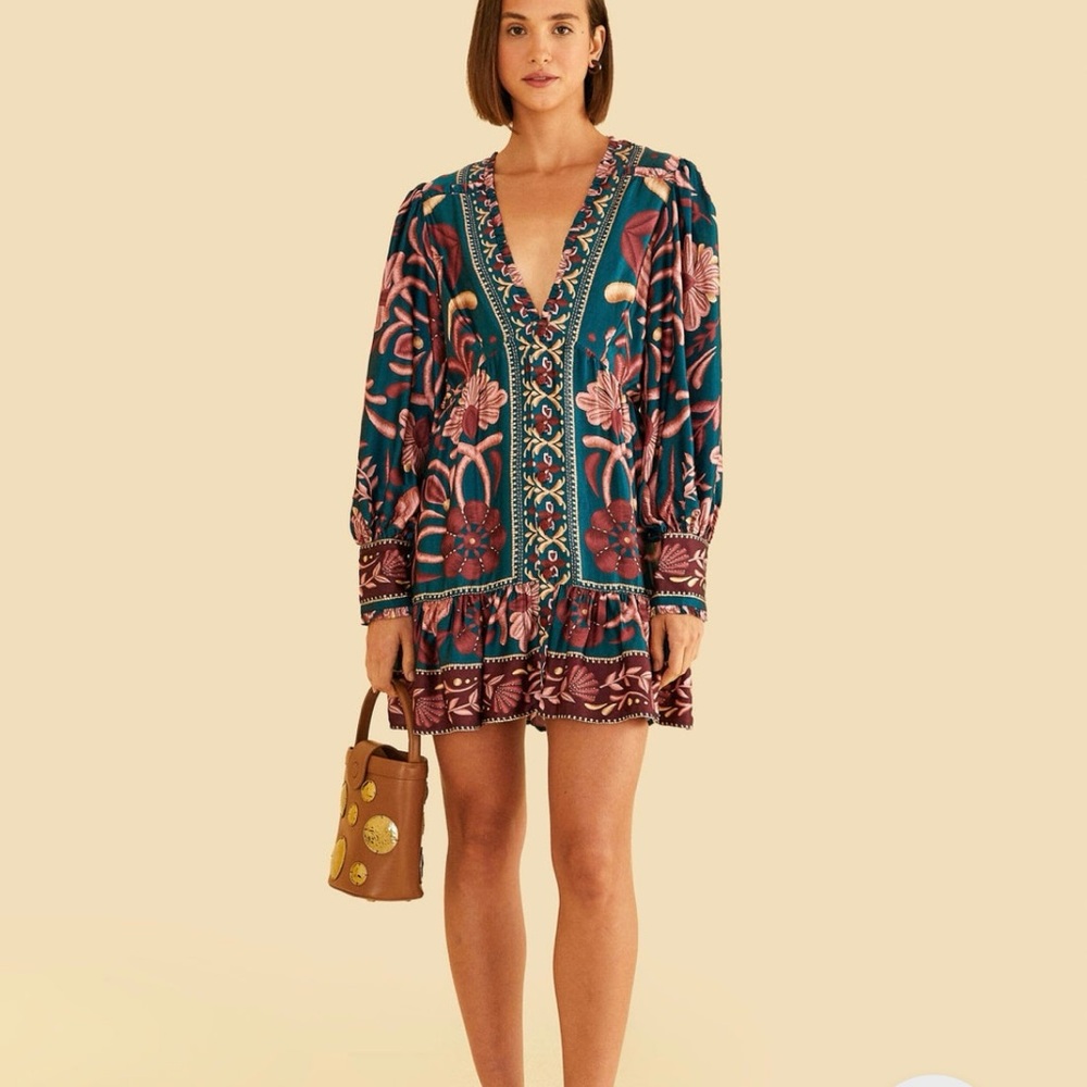 FARM Rio Teal Seashell Tapestry Lenzing Ecovero Viscose Mini Dress
